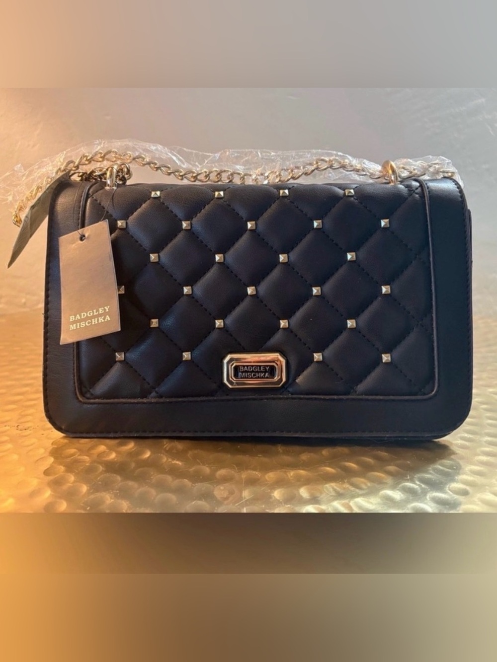 Badgley Mischka Black Quilted Shoulder Bag with Gold Chain